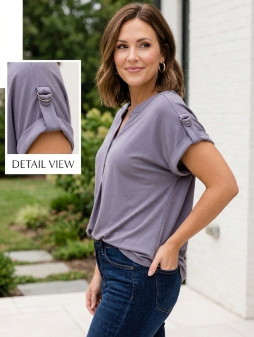 CG Sport Short Sleeve Ring-Detail Top in Gray Rolled Sleeves! Y2K!